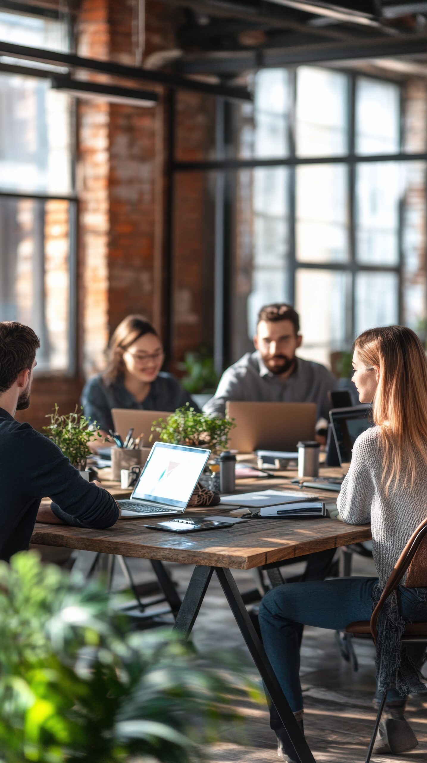 A Group Of People Sitting Around A Table With Laptops, Ai
