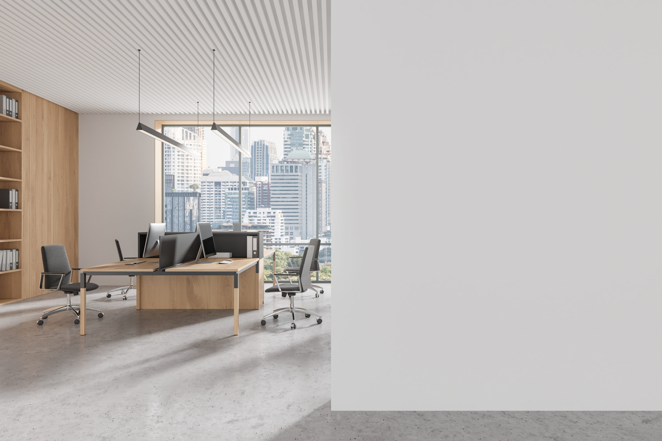 Modern Open Space Office Interior With City View And Blank Wall. 3d Rendering